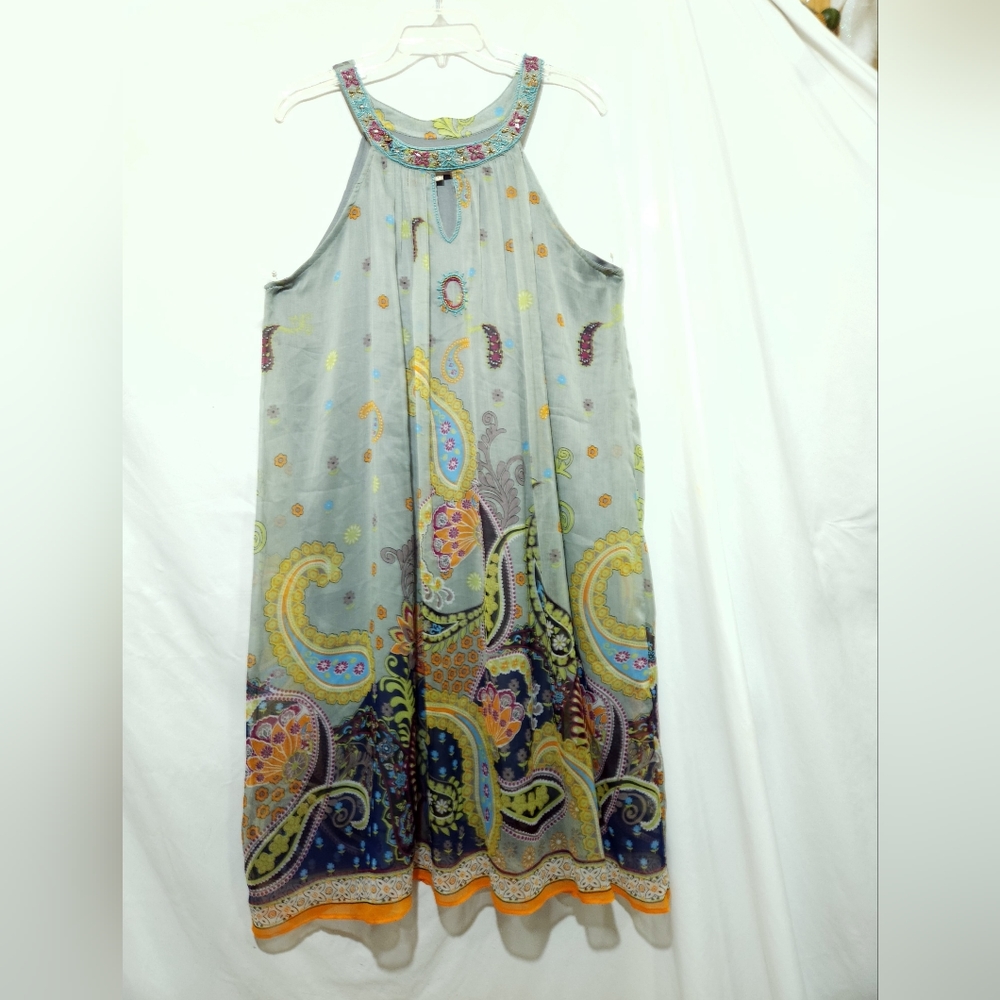 Anii By Nature Halter Chiffon Dress Womens L Green Paisley Floral Beaded Boho
